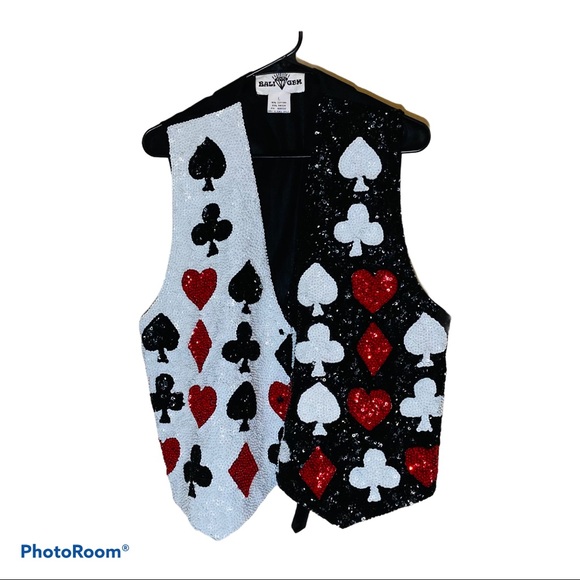 Bali Gem Jackets & Blazers - Vintage Sequin Vest Bali Gem Spades/Hearts Casino Vegas Sz L